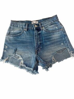Zara Distressed High Waist Denim Shorts - Light Blue